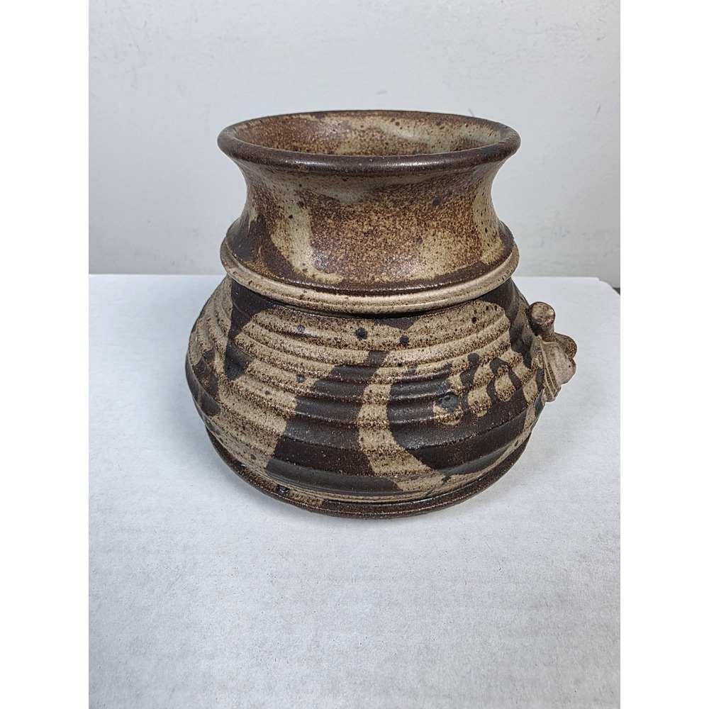 Studio Pottery Handcrafted Stoneware Vase Brown Earthy Abstract Signed Art